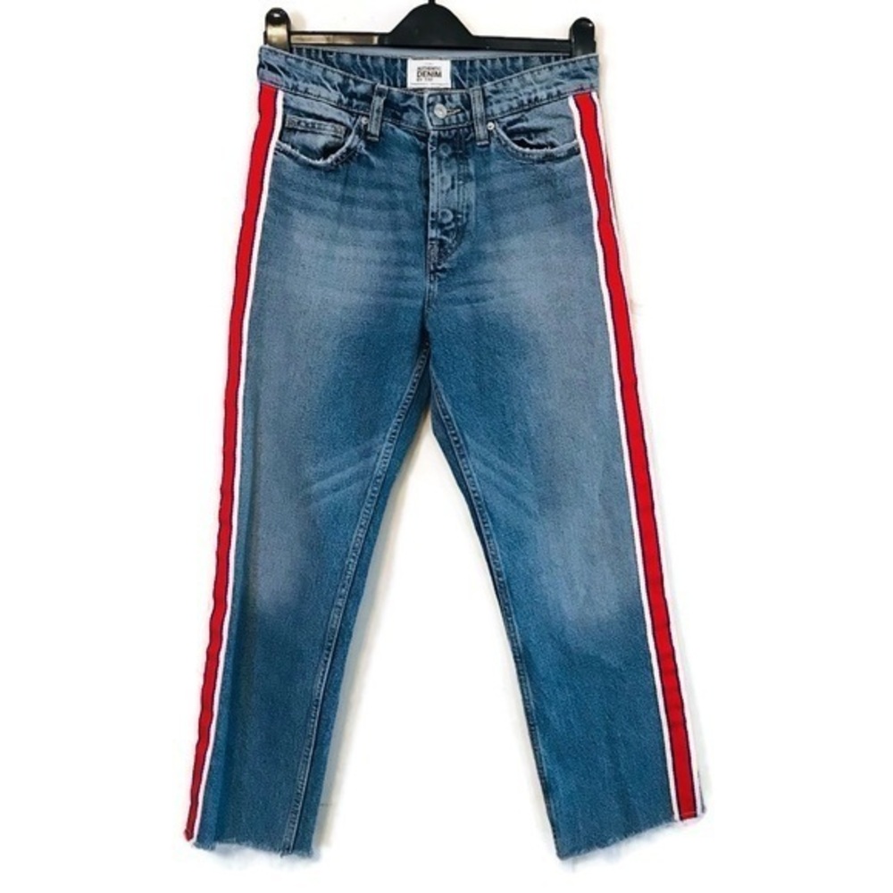 Zara TRF 100% Cotton Red Side Stripe Button Fly Straight Leg Cropped Jean size 4